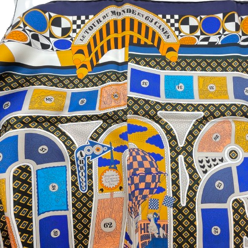 エルメス カレ 90 Le Tour du Monde en 63 Cases marine/orange/bleu スカーフ シルク
