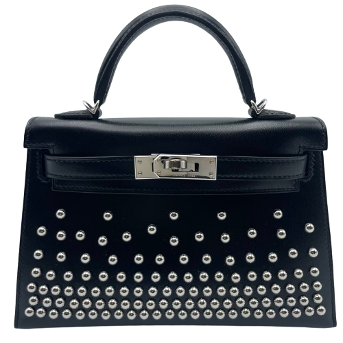 Pre-Owned Hermes Mini Kelly Noir Box Calf Silver Metal Fittings W Engraved