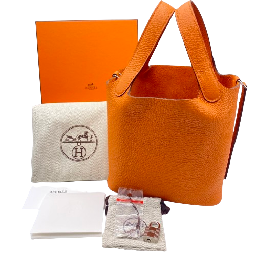 Hermes Picotin Lock PM Orange Torillon Clemence Silver Metal Fittings w 새겨 져