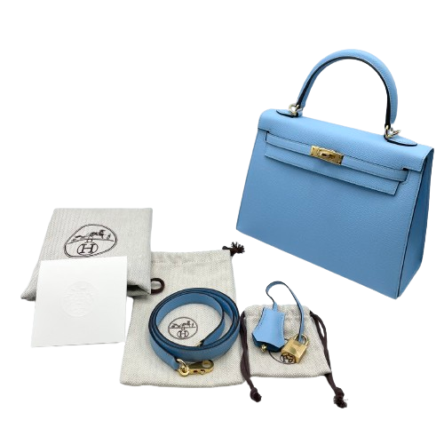 사전 소유 헤르메스 켈리 25 Celeste Epson Gold Hardware B 새겨 져