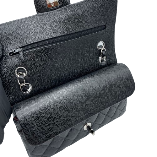 사전 소유의 샤넬 마텔라스 23 블랙 캐비어 스킨 실버 하드웨어