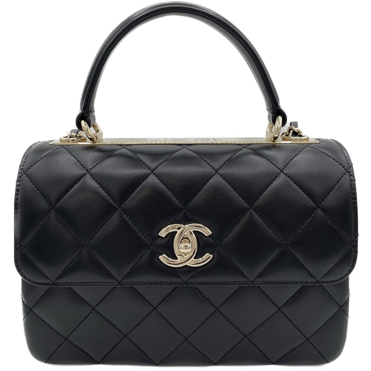 Pre-Owned Chanel Top Handle Flap Bag A92236 Lambskin Black Gold Hardware