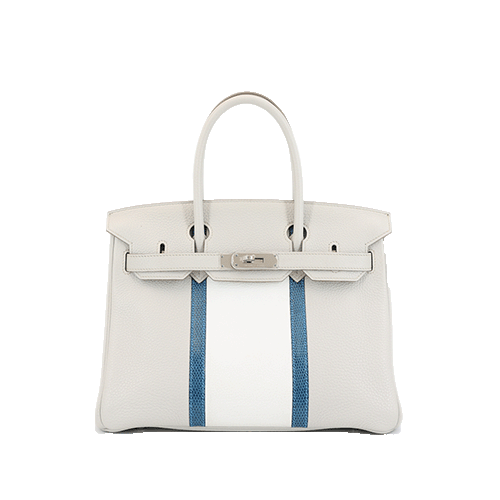 Pre-Owned Hermes Birkin 30 Gripal, White, Mykonos Lizard, Torillon Silver Fittings Used Good Condition