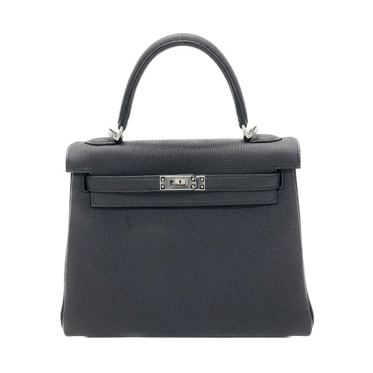Pre-Owned Hermes Kelly 25 Noir Togo Silver Metal Fittings B Engraved