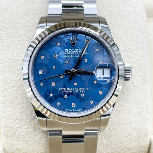 Pre-Owned Rolex Datejust 278274 Azzurro Blue Floral Motif Diamond Oyster Bracelet 31mm