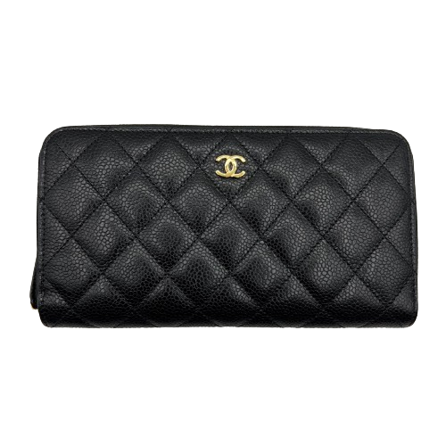 Pre-Owned Chanel Matelasse Caviar Skin Round Zipper Long Wallet Black Gold Hardware