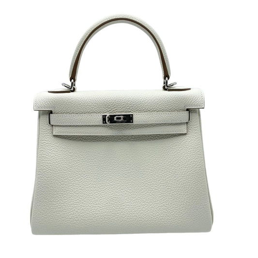 Pre-Owned Hermes Kelly 25 Mushroom Togo Silver Metal Fittings B Engraved