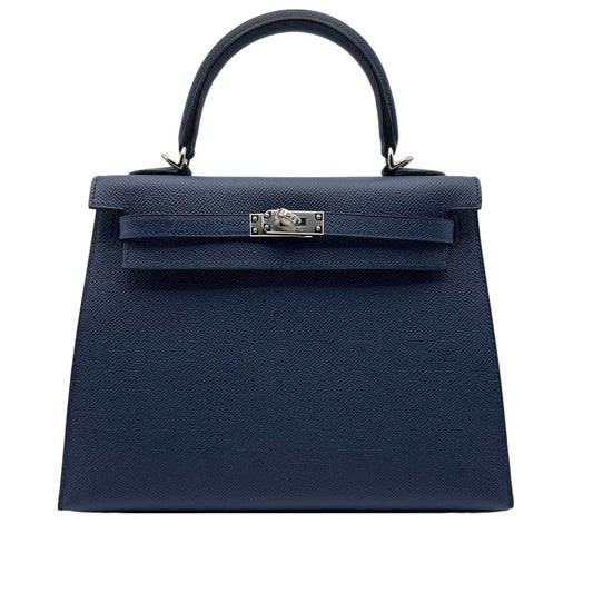 Pre-Owned Hermes Kelly 25 Blue Navy Vaud Epson Silver Fittings W Engraved