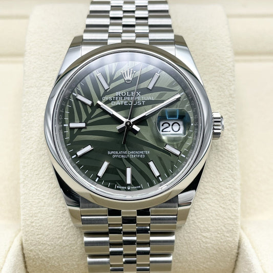 Pre-Owned Rolex Datejust 126200 Olive Green Palm Motif Jubilee Bracelet 36mm