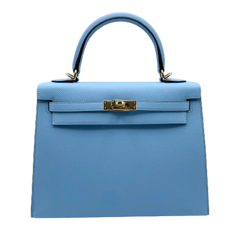 Pre-Owned Hermes Kelly 25 Celeste Epson Gold Hardware B Engraved