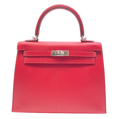 Pre-Owned Hermes Kelly 25 Serie Verso Rouge Pimant/Rose Shocking Vauge Epson Silver Fittings B Engraved