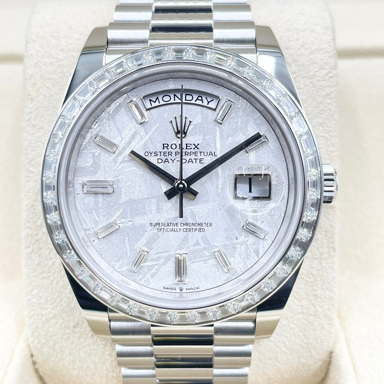 Pre-Owned Rolex Day Date 228396TBR Meteorite Platinum Diamond Bezel 40mm