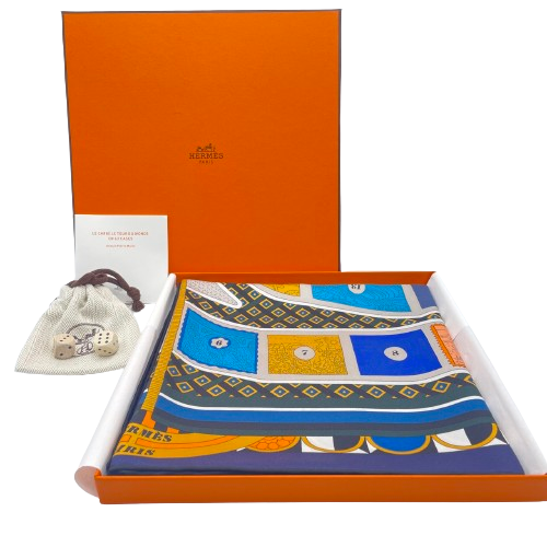 エルメス カレ 90 Le Tour du Monde en 63 Cases marine/orange/bleu スカーフ シルク