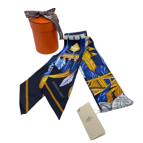 Hermes Twilly Danse Pacific Blue Nuit/Jaune 100% 실크