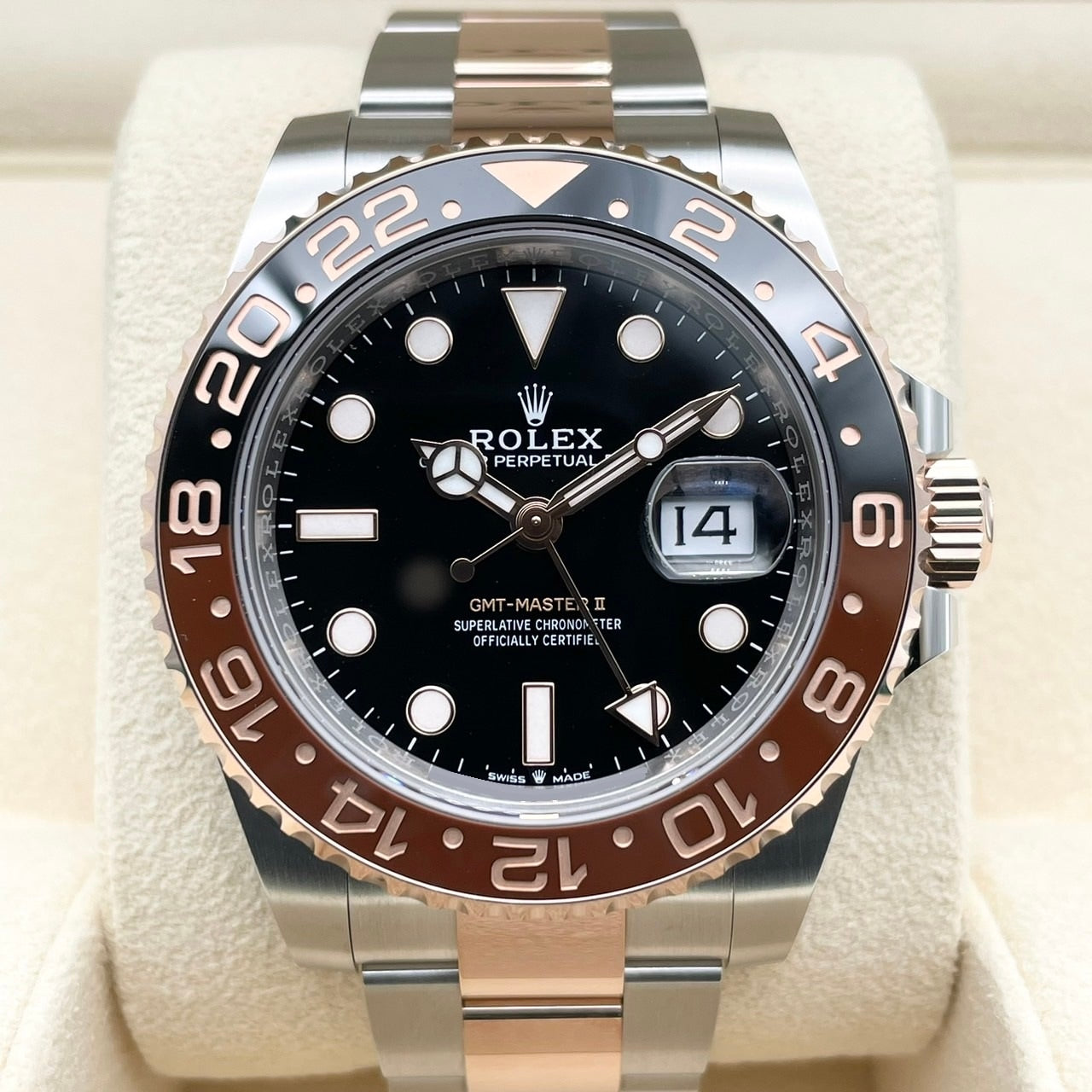 사전 소유 롤렉스 GMT 마스터 II 126711CHNR 검은 스테인레스 스틸 X 에버 로즈 골드 굴 팔찌 40mm