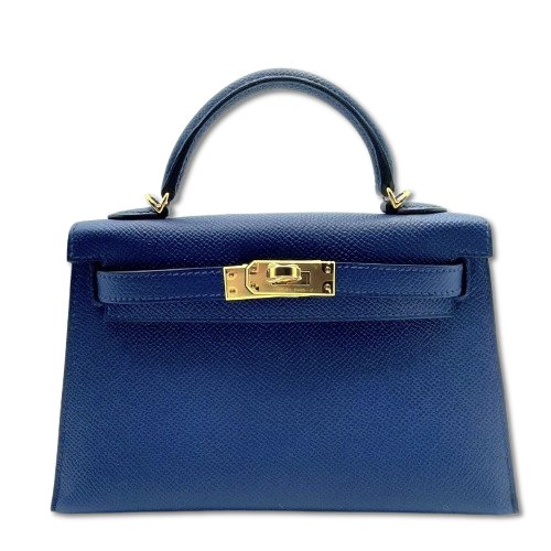 Pre-Owned Hermes Mini Kelly Blue Navy Epson Gold Hardware B Engraved