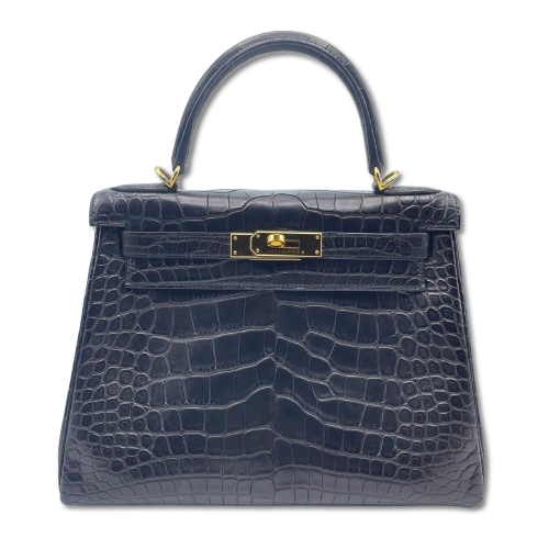 Pre-Owned Hermes Kelly 28 Noir Alligator Mat Gold Hardware D Engraved