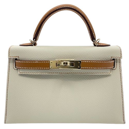 Pre-Owned Hermes Mini Kelly Cre/Gold Epson Champagne Gold Hardware W Engraved
