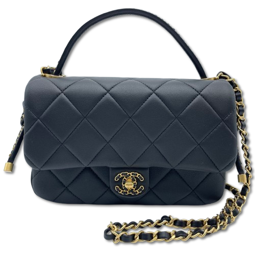 Pre-Owned Chanel Matelasse AS5298 Top Handle Flap Chain Shoulder Bag W21.5 Black Lambskin Gold Hardware