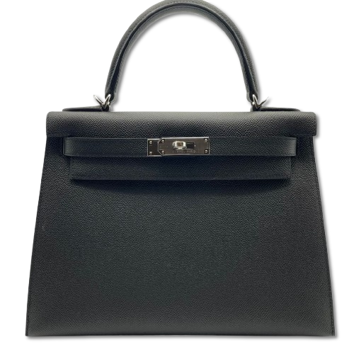 Pre-Owned Hermes Kelly 28 Noir Epson Silver Fitting K Engraved