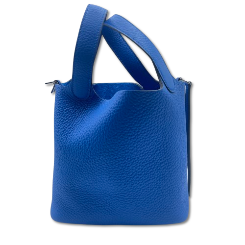 Pre-owned Hermes Picotan Lock PM Blue Hydra Taurillon Clemence Silver hardware W engraved