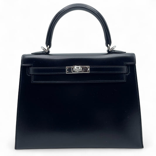 Pre-Owned Hermes Kelly 25 Noir Box Calf Silver Hardware B Engraved