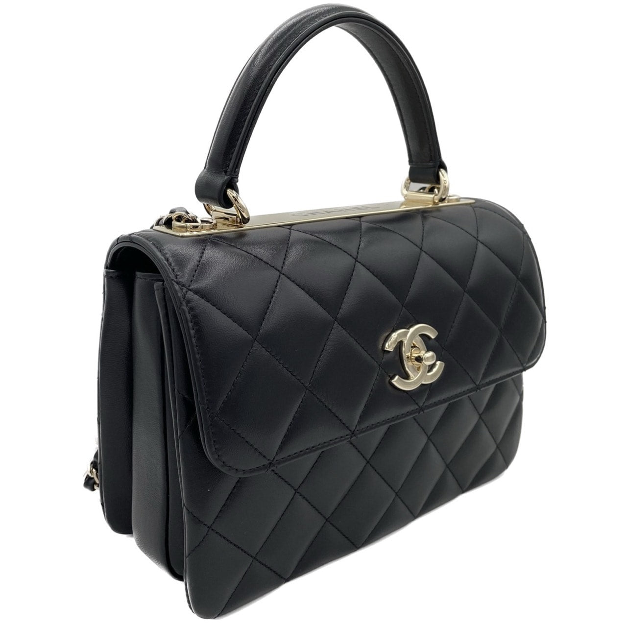 Pre-Owned Chanel Top Handle Flap Bag A92236 Lambskin Black Gold Hardware