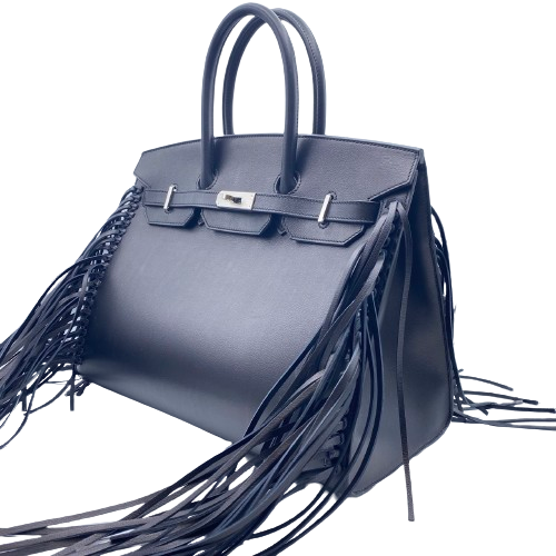 Hermes Birkin 35 Noir Evergrain Silver Metal Fittings B Engraved