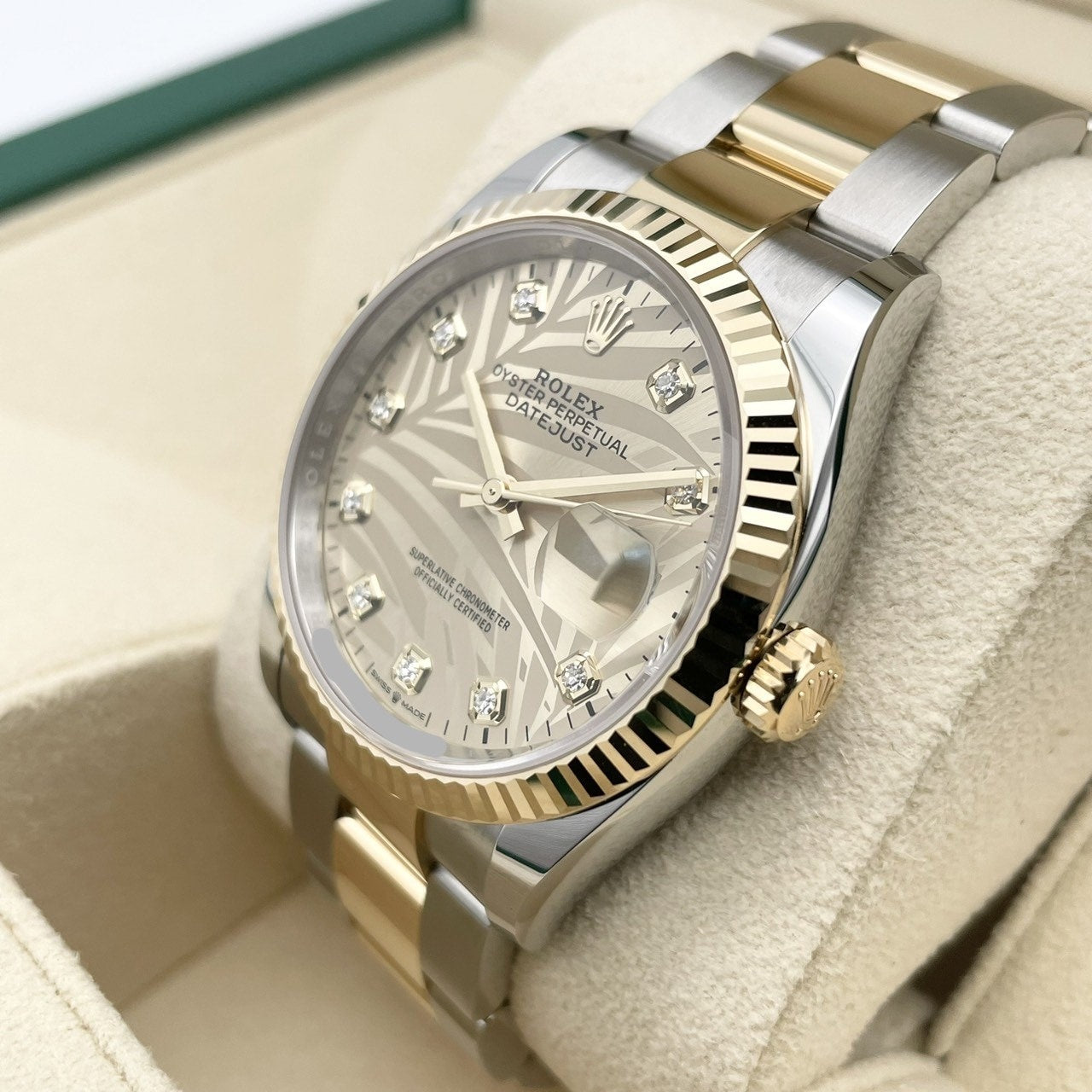[Discon 모델! 2024 년 4 월 지불! Rolex DateJust 126233 샴페인 팜 모티프 10p 다이아몬드 굴 팔찌 36mm