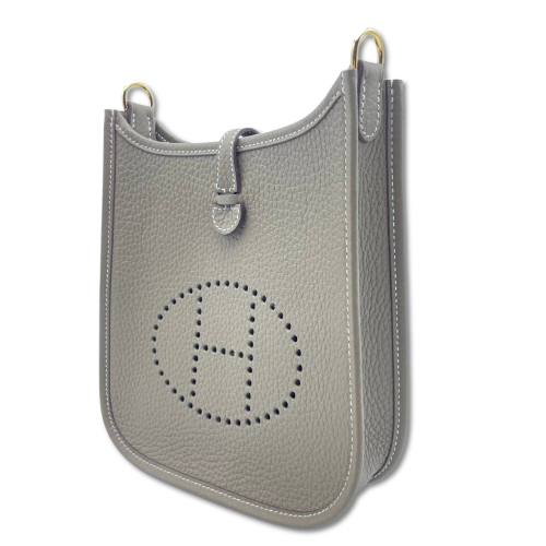 Pre-Owned Hermes Mini Evelyn TPM Etoupe Torillon Clemence Gold Hardware W Engraved