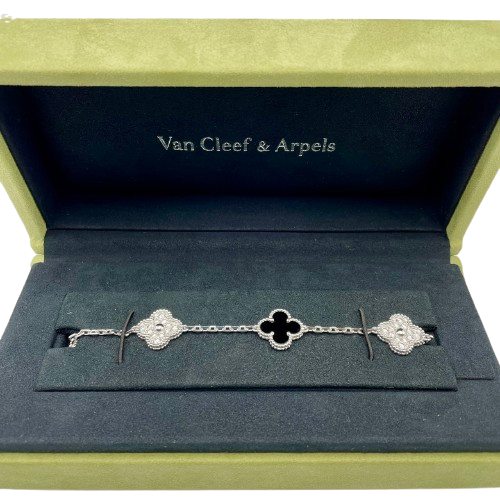 Pre-Owned Van Cleef & Arpels Vintage Alhambra Bracelet VCARP2R900 18K White Gold, Onyx, Diamond 5 Motif