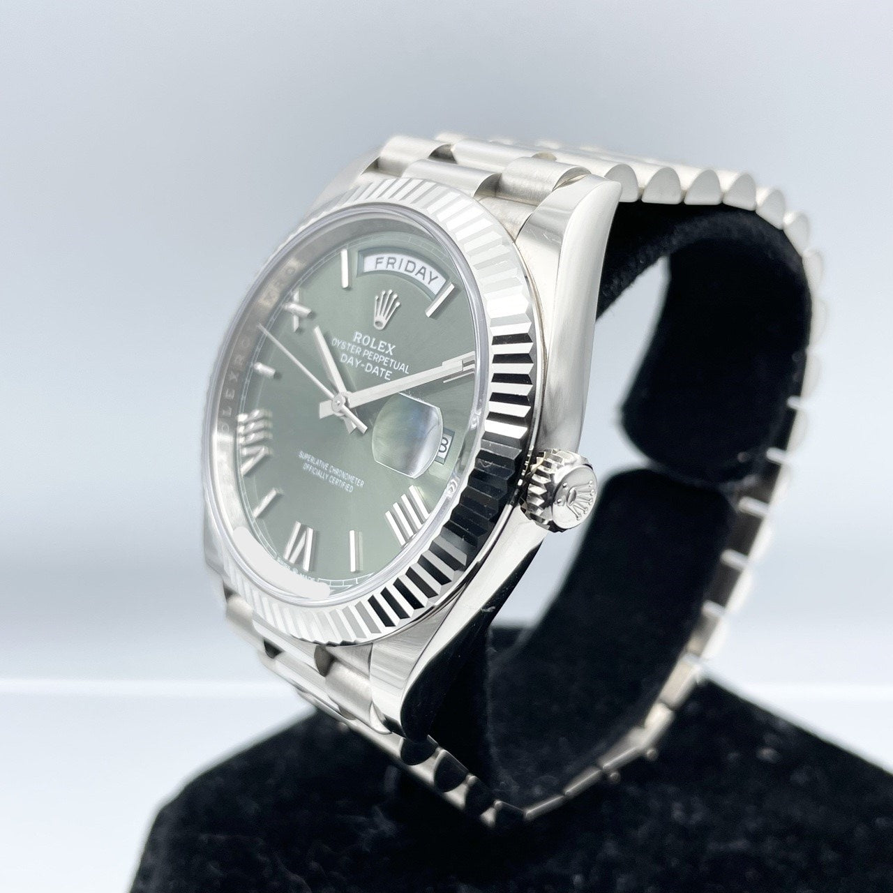 사전 소유 롤렉스 데이 날짜 228239 화이트 골드 올리브 그린 로마 40mm