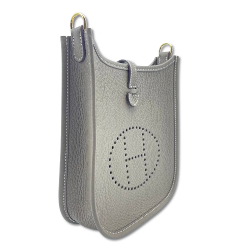 Pre-Owned Hermes Mini Evelyn TPM Etoupe Torillon Clemence Gold Hardware W Engraved