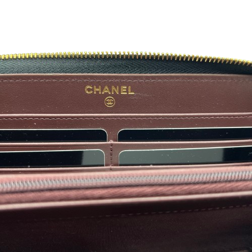 Chanel Matelasse Caviar Skin Round Zipper Long Wallet Black Gold Hardware