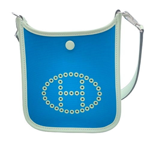 Pre-Owned Hermes Neo Evelyn TPM Blue Aztec/Mint/Verge Fizz Toile Officer Swift Silver Metal Fittings B Engraved