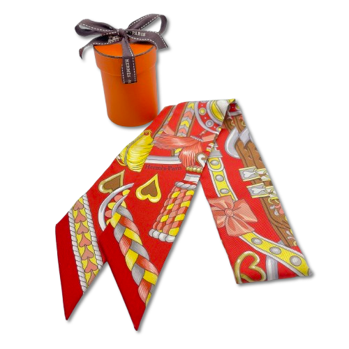 Hermes Twilly Harnais de Coeur Red Grenadine/Grease/Jaune 100% 실크