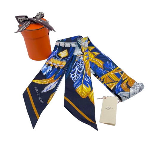 Hermes Twilly Danse Pacific Blue Nuit/Jaune 100% 실크