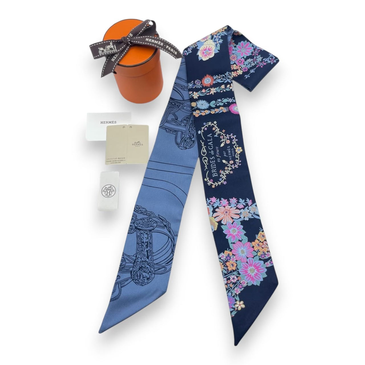 プレオウンドエルメス ツイリー ブリッド・ドゥ・ガラ・アン・フルール&アイライナー マリン/ピンク/ブルージーン シルク100%