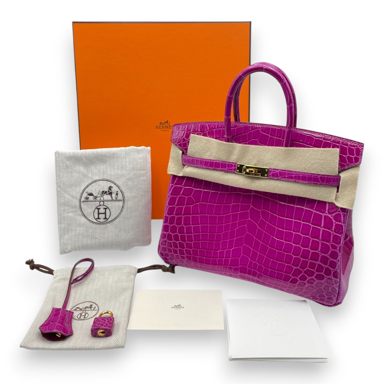 プレオウンドエルメス バーキン 25 ローズシェヘラザード クロコダイルニロティカス ゴールド金具 □P刻印