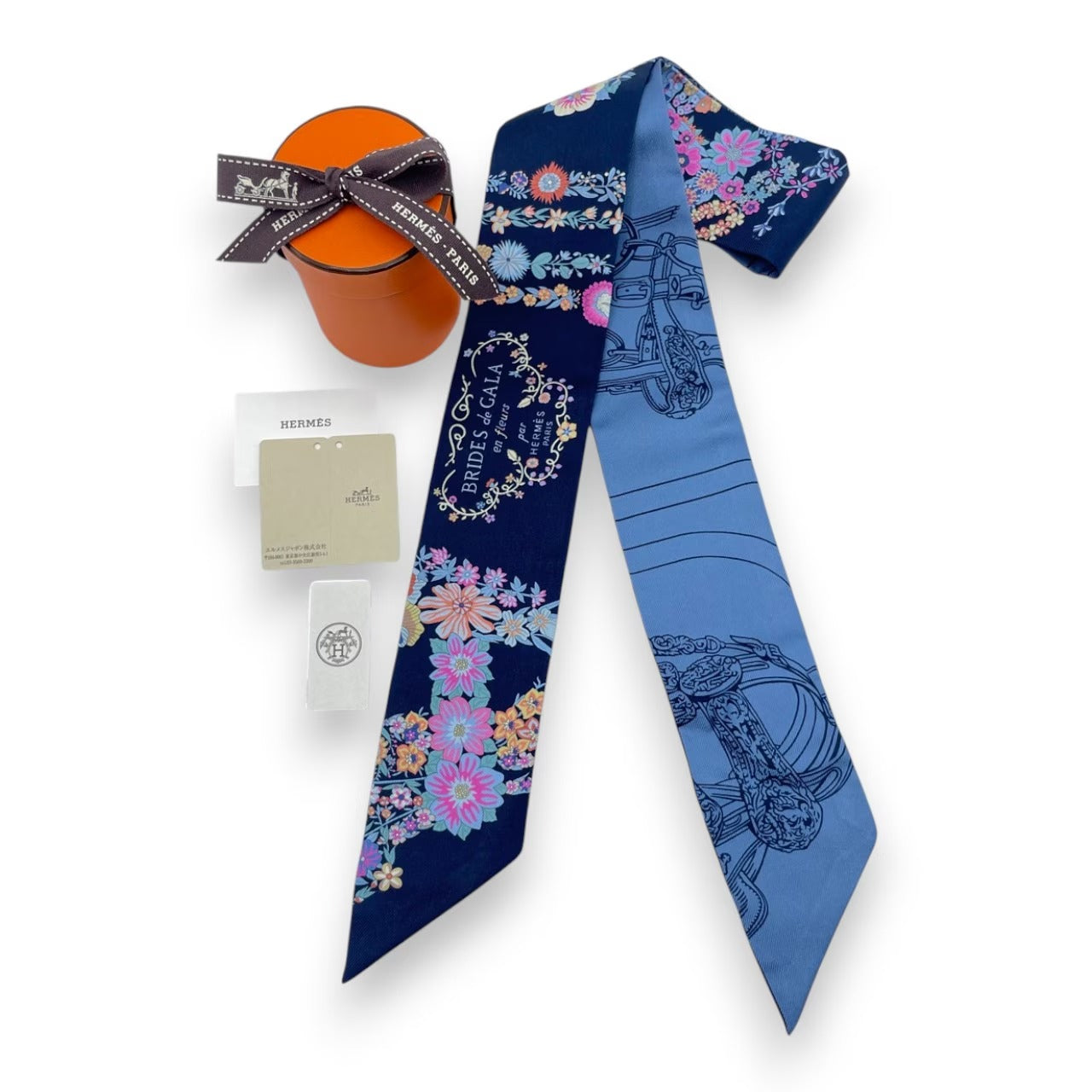 プレオウンドエルメス ツイリー ブリッド・ドゥ・ガラ・アン・フルール&アイライナー マリン/ピンク/ブルージーン シルク100%