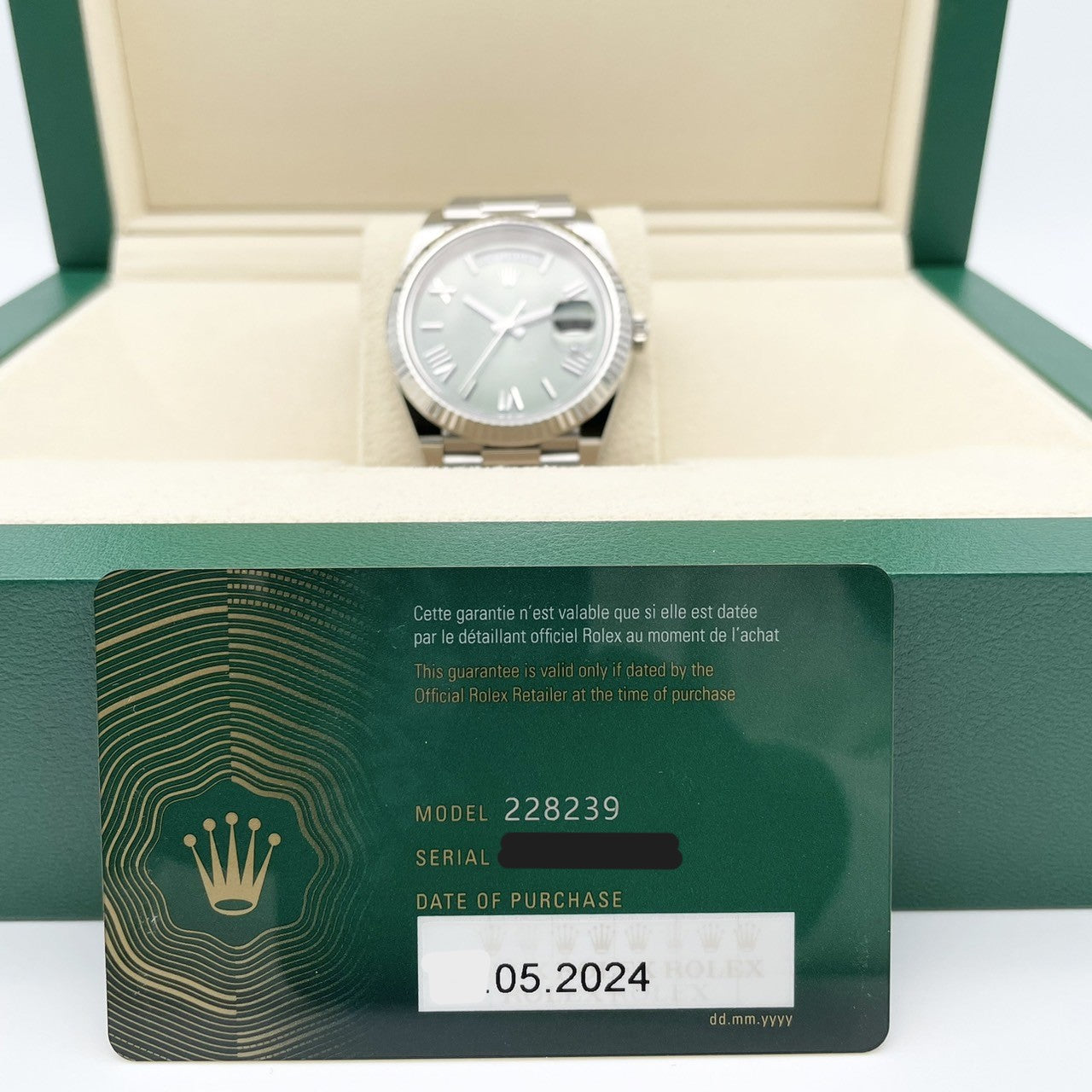 プレオウンド ロレックス デイデイト 228239 ホワイトゴールド オリーブグリーン ローマン 40mm