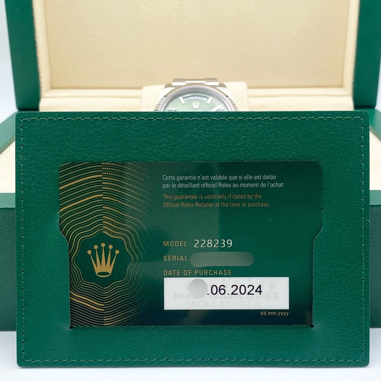 사전 소유 롤렉스 데이 날짜 228239 화이트 골드 올리브 그린 로마 40mm