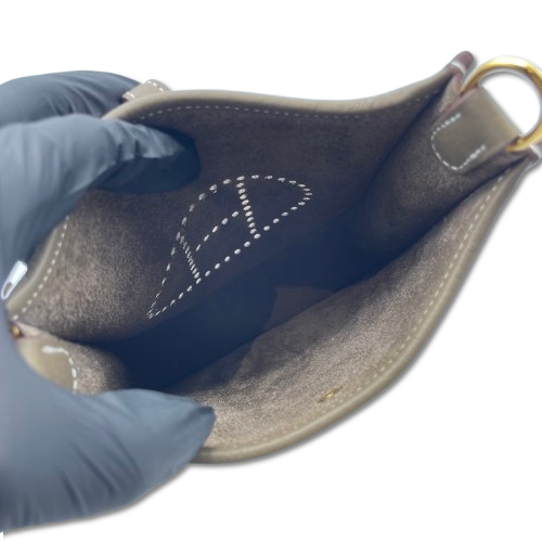 Pre-Owned Hermes Mini Evelyn TPM Etoupe Torillon Clemence Gold Hardware W Engraved