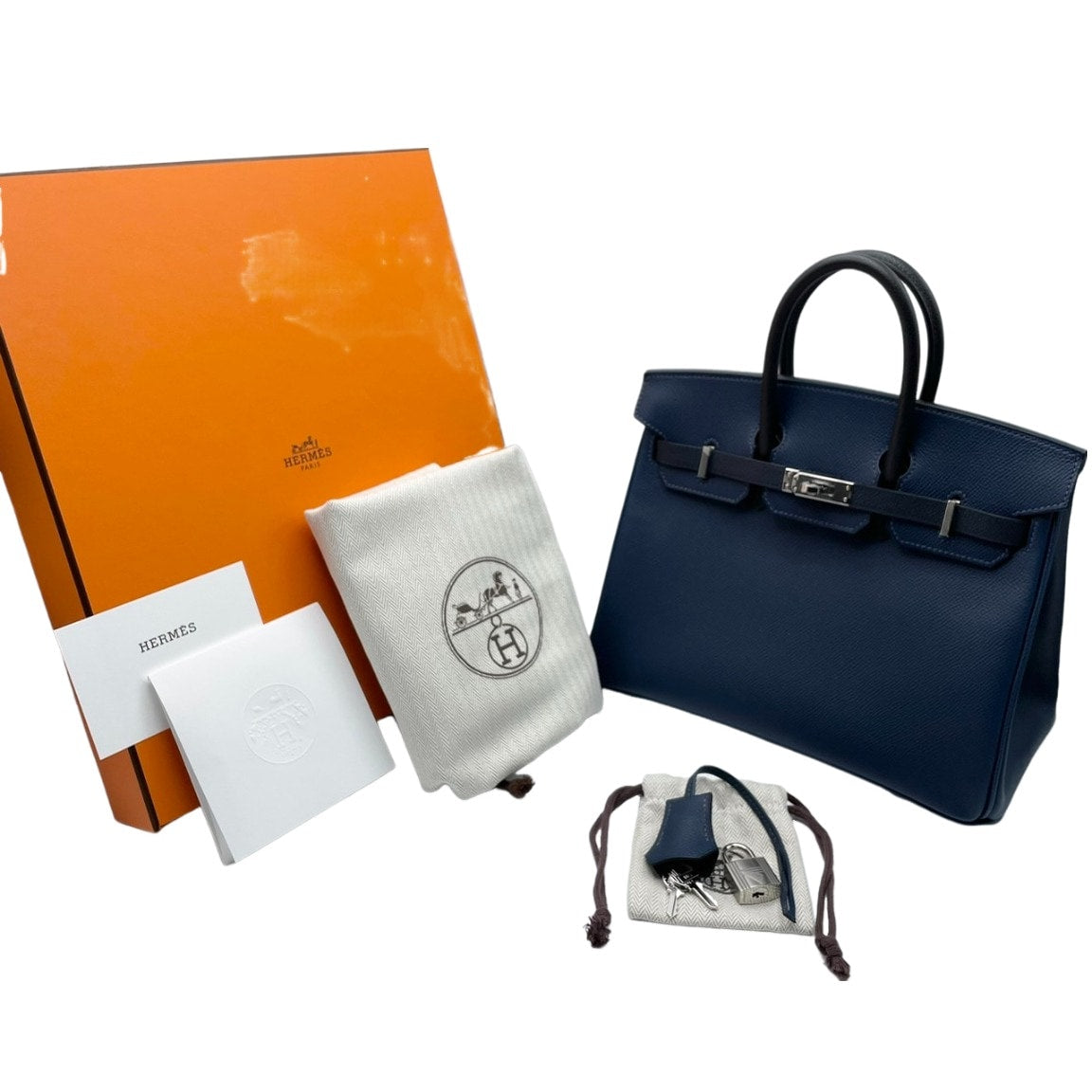 Hermes Birkin 25 Blue Indigo/Black/Blue de Plus Vaud Epson Silver Metal Fittings B 새겨 져