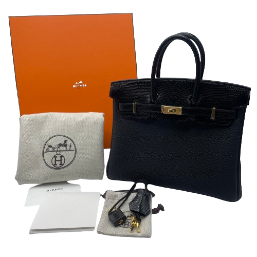 Hermes Birkin 25 Black Togo Lizard Gold Hardware B Engraved