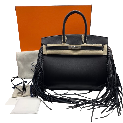 Hermes Birkin 35 Noir Evergrain Silver Metal Fittings B Engraved