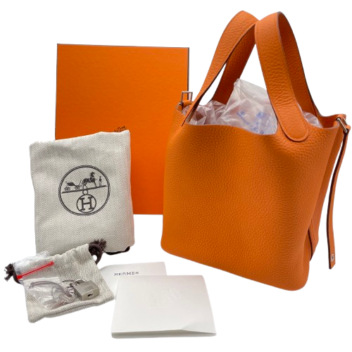 Hermes Picotin Lock PM Orange Torillon Clemence Silver Metal Fittings w 새겨 져