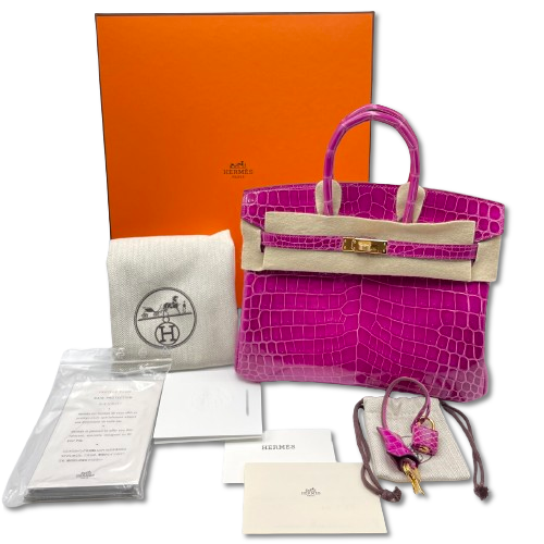 사전 소유의 헤르메스 버킨 25 로즈 체어 라자이드 악어 Nilotticus 골드 하드웨어 U.