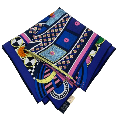 プレオウンド エルメス カレ 90 Le Tour du Monde en 63 Cases violet/rose/bleu スカーフ シルク
