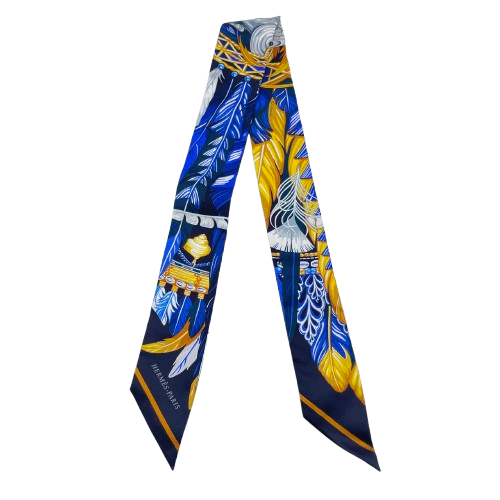 Hermes Twilly Danse Pacific Blue Nuit/Jaune 100% 실크